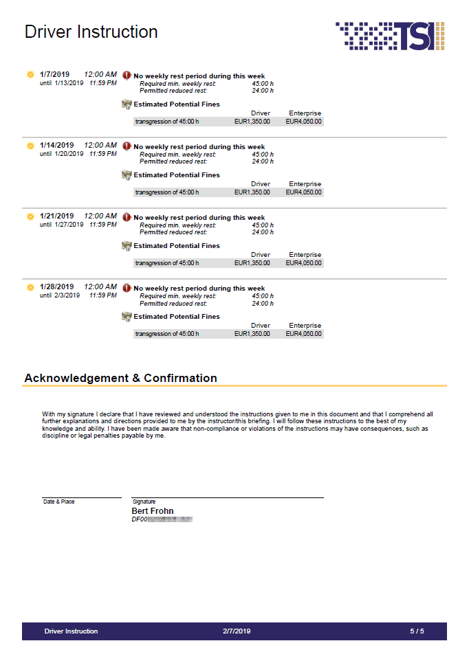 Identification of all violations in the instruction documents for each driver